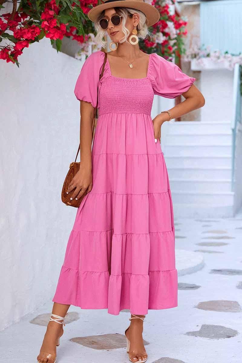 SQUARE NECK PUFF WRINKLE CHEST CAKE MAXI DRESS - Doublju