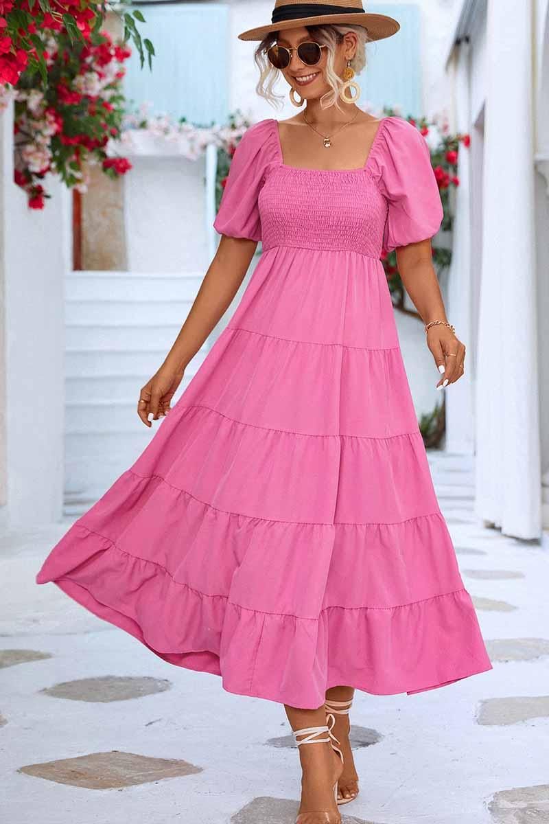 SQUARE NECK PUFF WRINKLE CHEST CAKE MAXI DRESS - Doublju