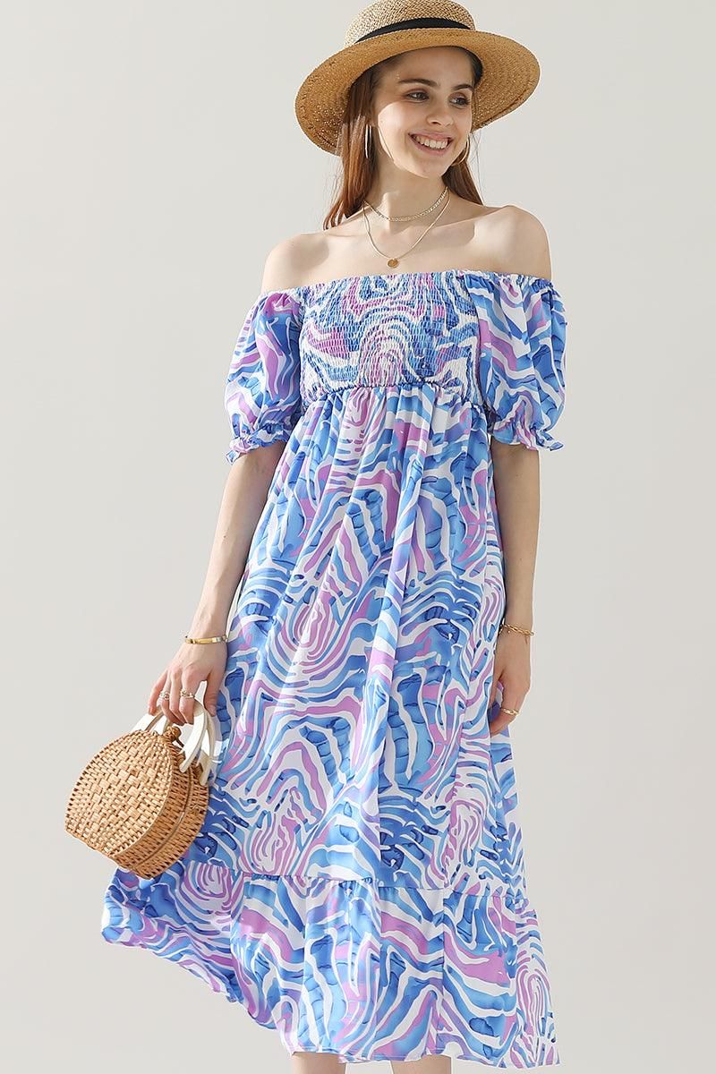 MABLE PATTERN OFF SHOULDER FLARE MAXI DRESS - Doublju