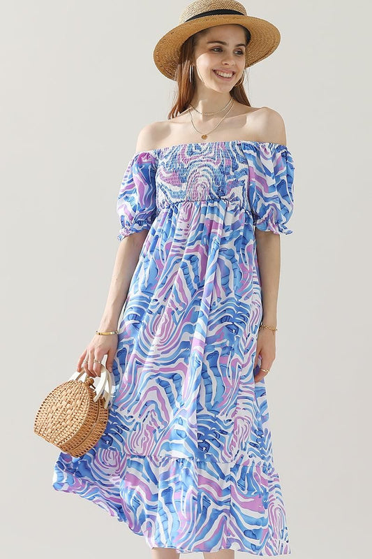 MABLE PATTERN OFF SHOULDER FLARE MAXI DRESS - Doublju