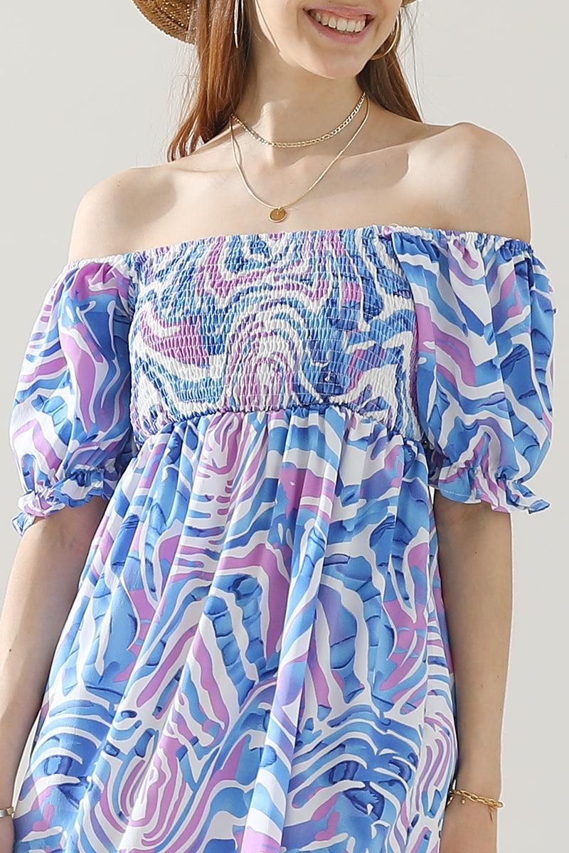 MABLE PATTERN OFF SHOULDER FLARE MAXI DRESS - Doublju