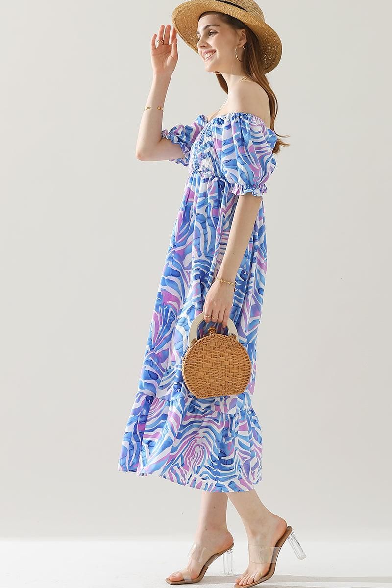 MABLE PATTERN OFF SHOULDER FLARE MAXI DRESS - Doublju
