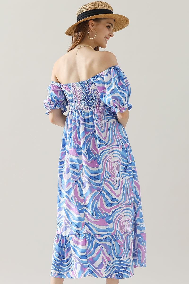 MABLE PATTERN OFF SHOULDER FLARE MAXI DRESS - Doublju