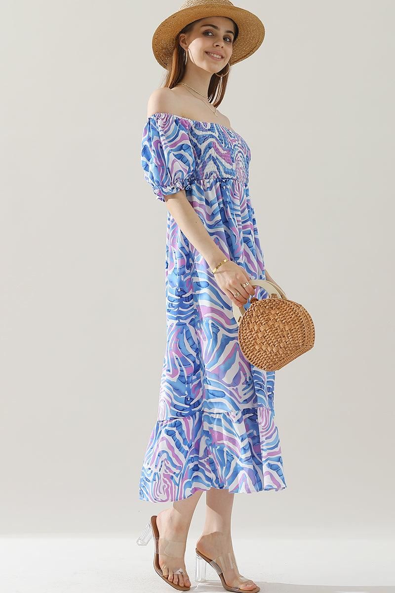 MABLE PATTERN OFF SHOULDER FLARE MAXI DRESS - Doublju