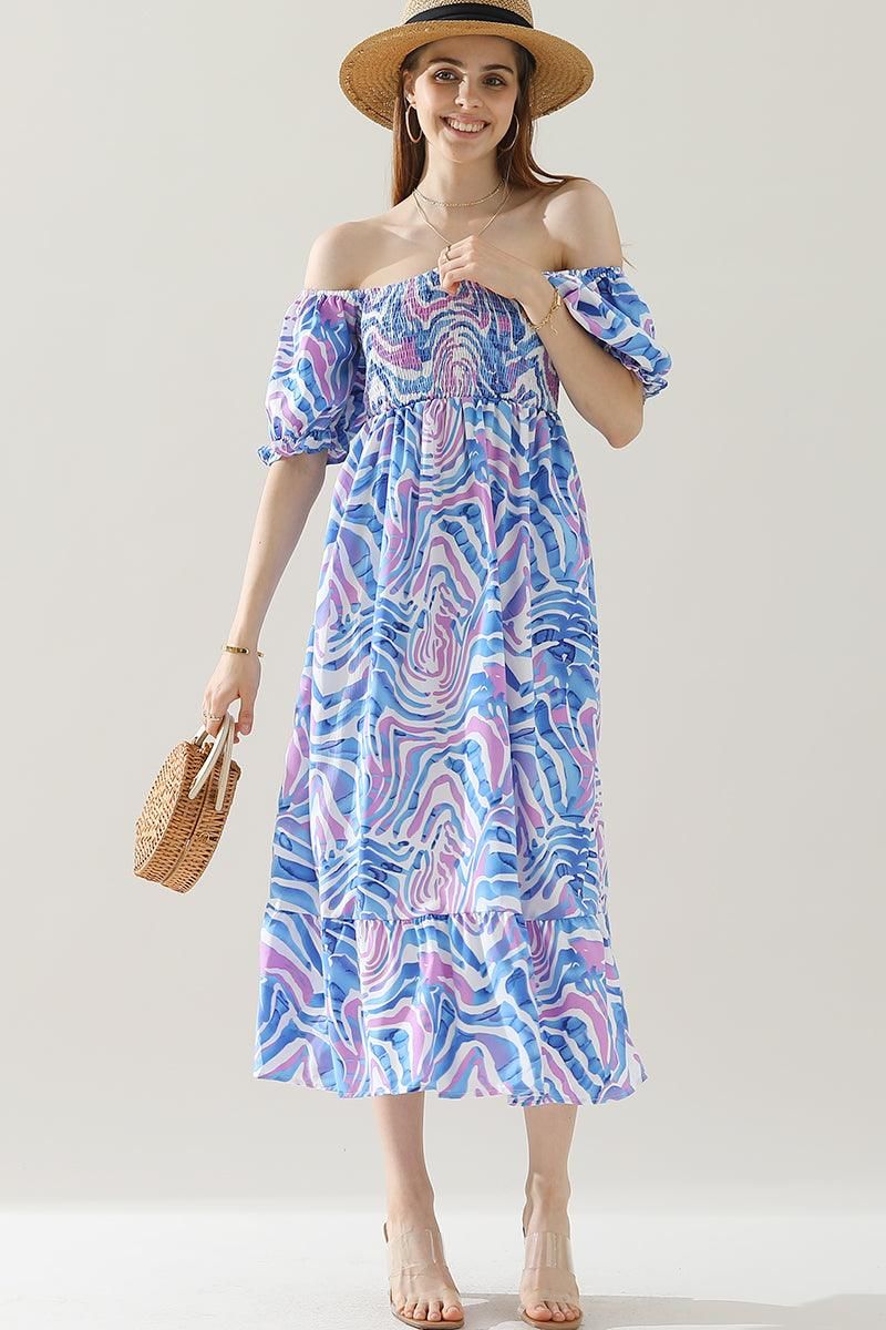 MABLE PATTERN OFF SHOULDER FLARE MAXI DRESS - Doublju