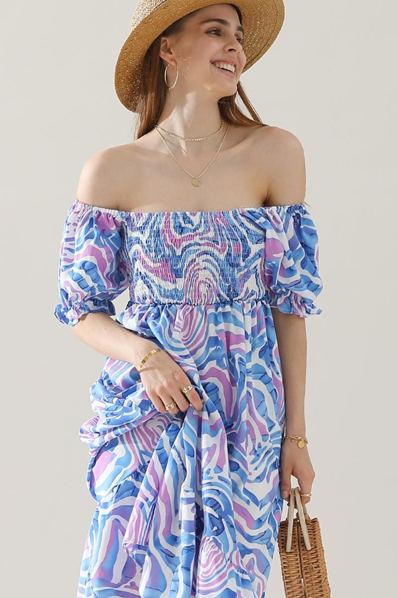 MABLE PATTERN OFF SHOULDER FLARE MAXI DRESS - Doublju