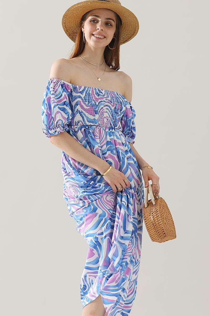 MABLE PATTERN OFF SHOULDER FLARE MAXI DRESS - Doublju