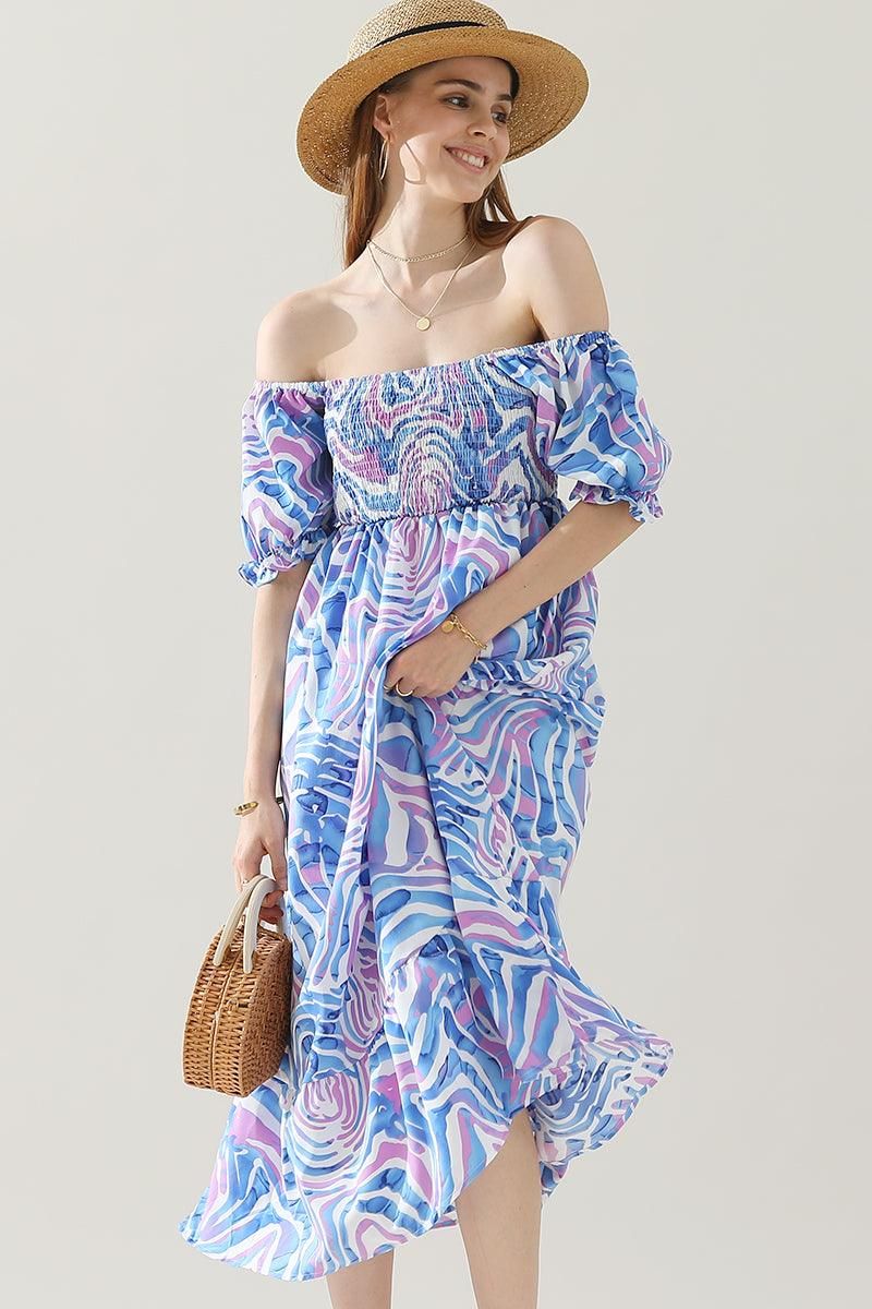 MABLE PATTERN OFF SHOULDER FLARE MAXI DRESS - Doublju
