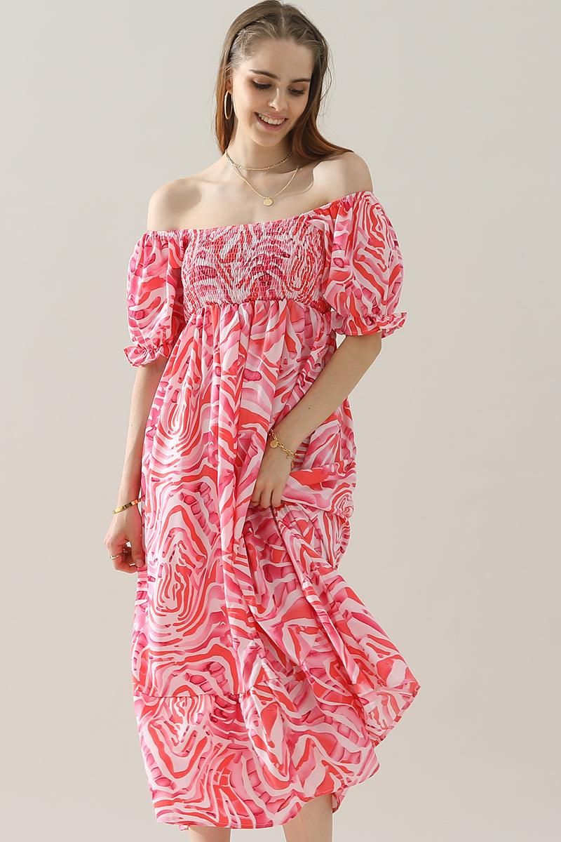MABLE PATTERN OFF SHOULDER FLARE MAXI DRESS - Doublju