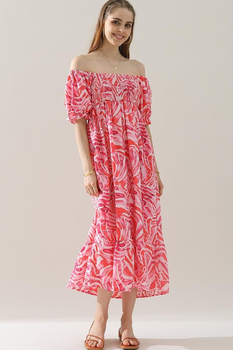MABLE PATTERN OFF SHOULDER FLARE MAXI DRESS - Doublju