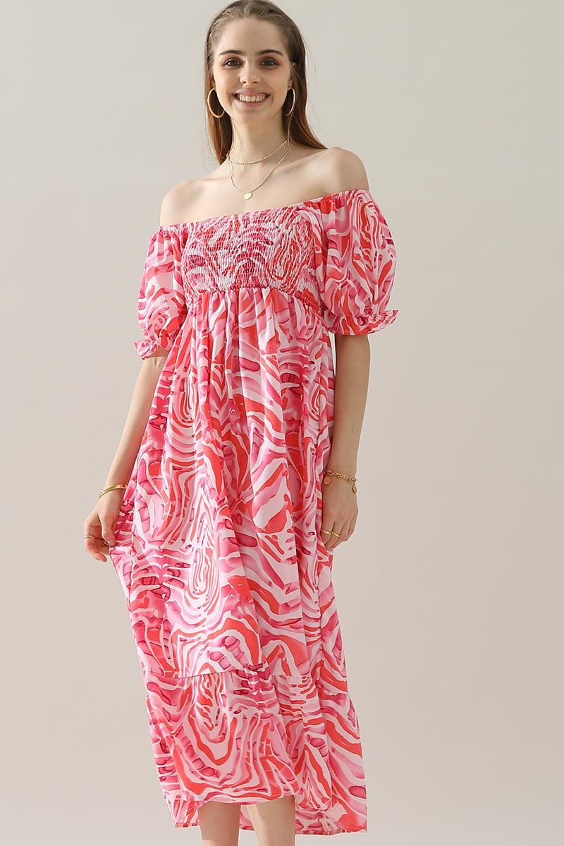 MABLE PATTERN OFF SHOULDER FLARE MAXI DRESS - Doublju