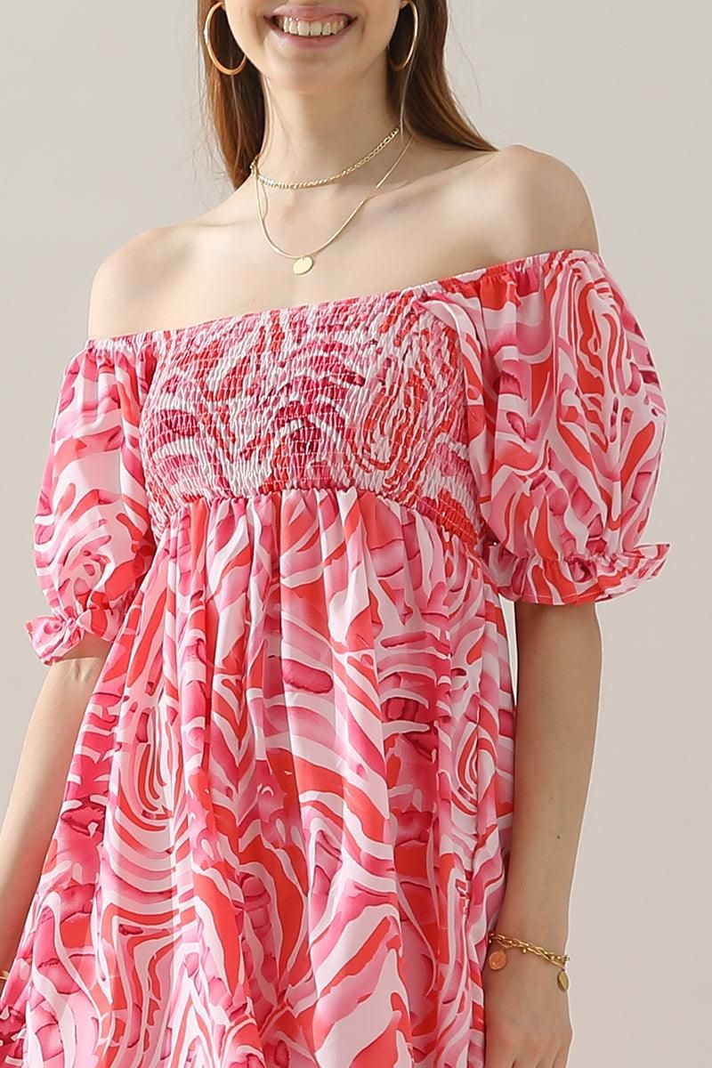 MABLE PATTERN OFF SHOULDER FLARE MAXI DRESS - Doublju