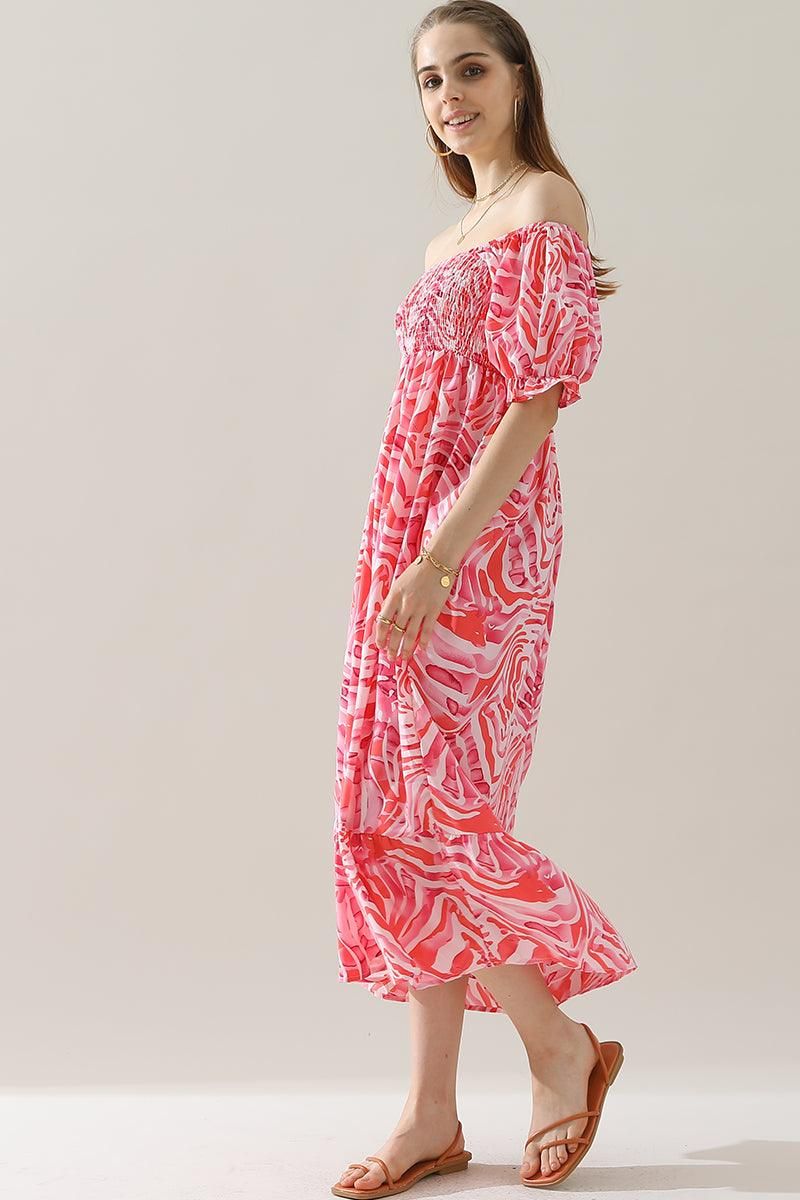 MABLE PATTERN OFF SHOULDER FLARE MAXI DRESS - Doublju