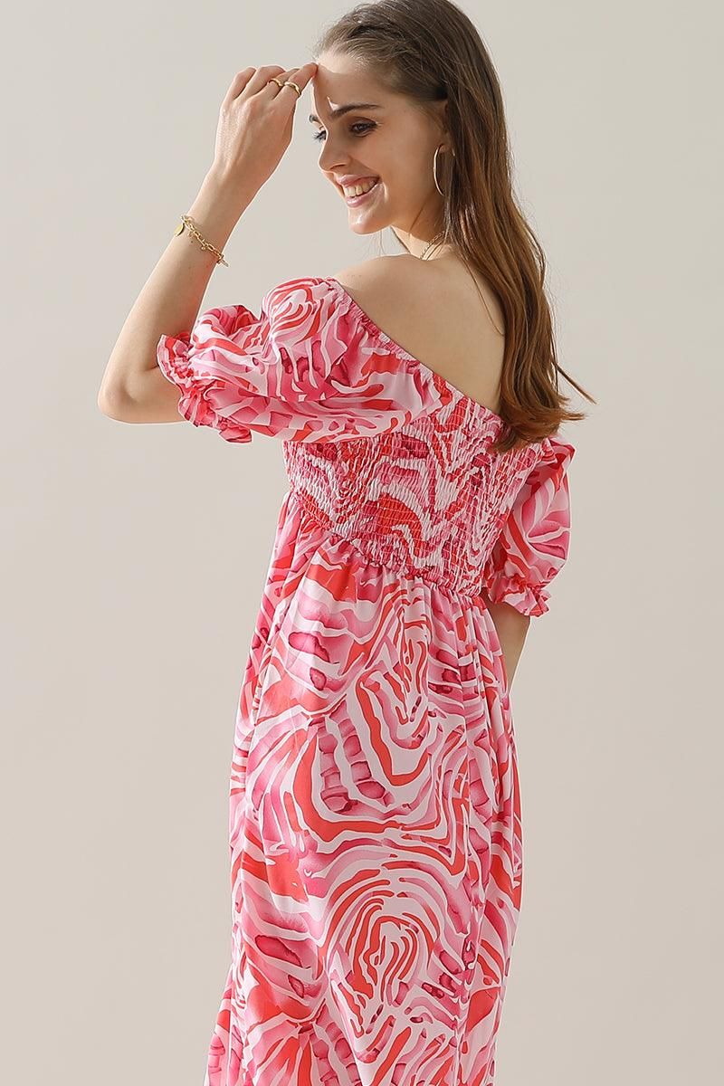 MABLE PATTERN OFF SHOULDER FLARE MAXI DRESS - Doublju