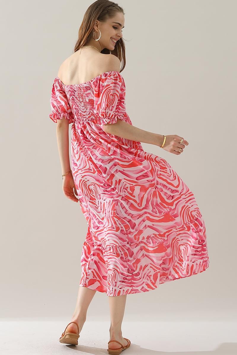 MABLE PATTERN OFF SHOULDER FLARE MAXI DRESS - Doublju