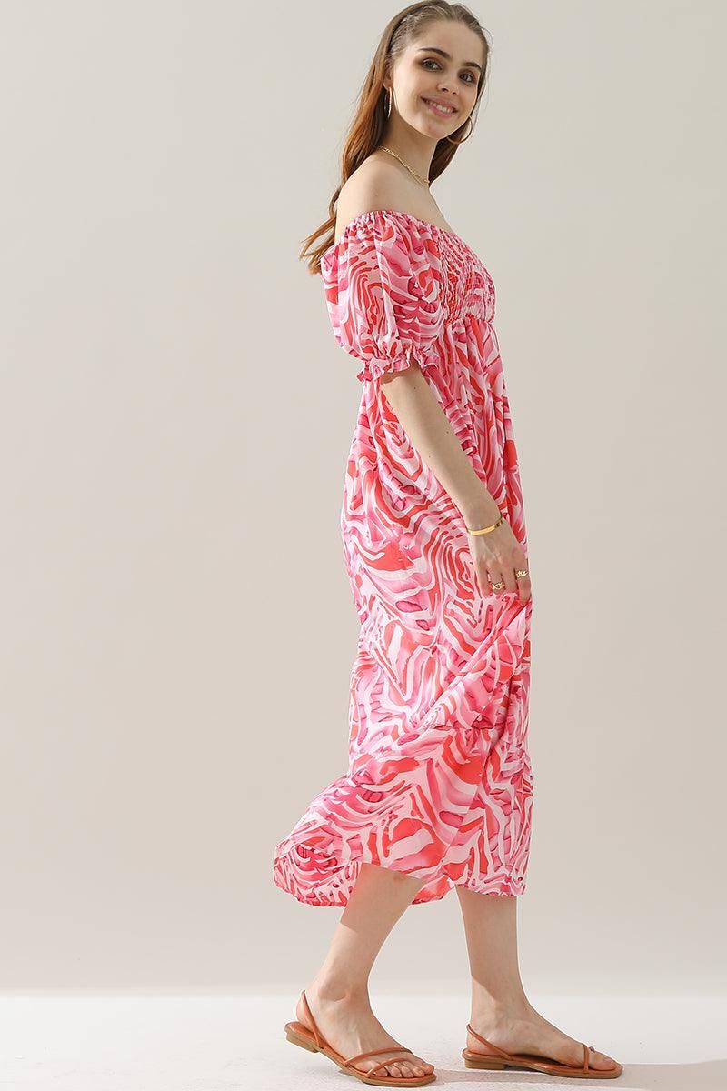 MABLE PATTERN OFF SHOULDER FLARE MAXI DRESS - Doublju