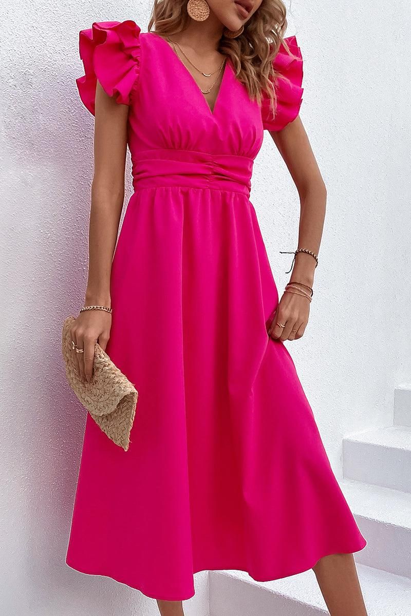 ROSE SHOULDER WRINKLED TIGHTEN WAIST FLARE DRESS - Doublju