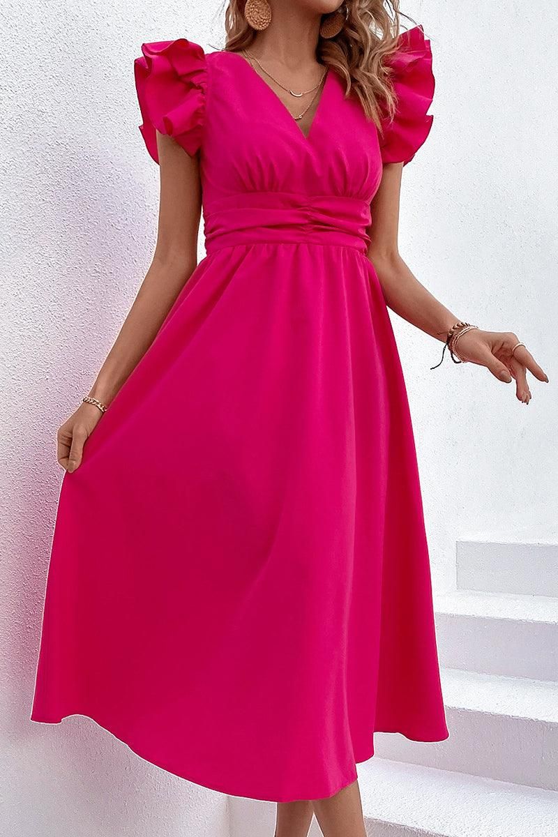 ROSE SHOULDER WRINKLED TIGHTEN WAIST FLARE DRESS - Doublju