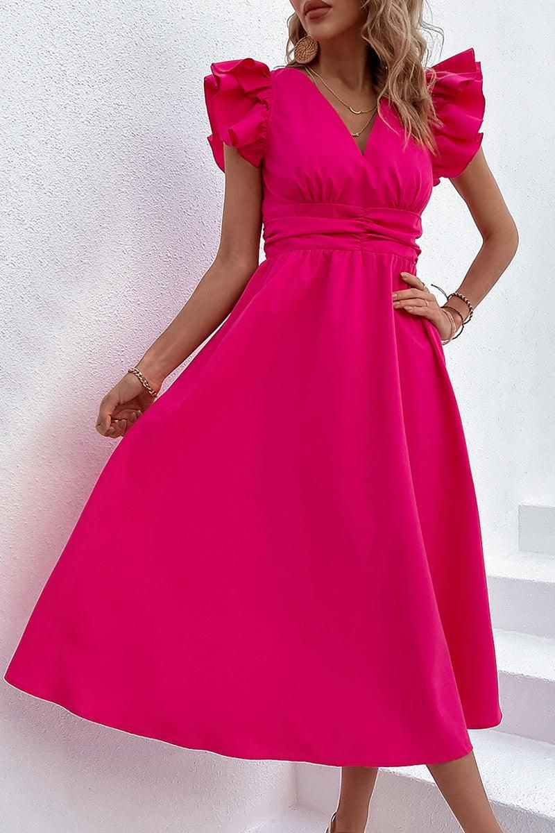 ROSE SHOULDER WRINKLED TIGHTEN WAIST FLARE DRESS - Doublju