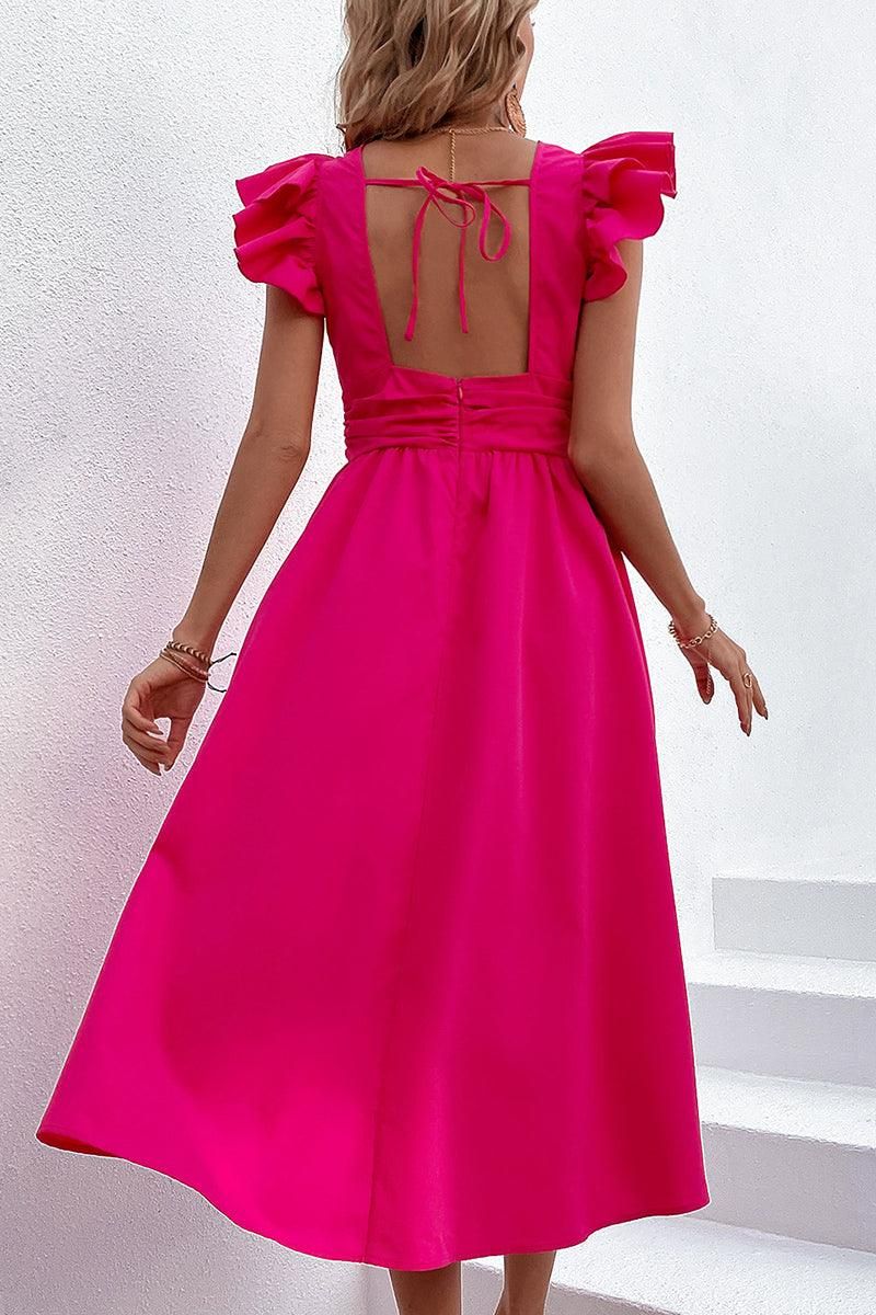 ROSE SHOULDER WRINKLED TIGHTEN WAIST FLARE DRESS - Doublju