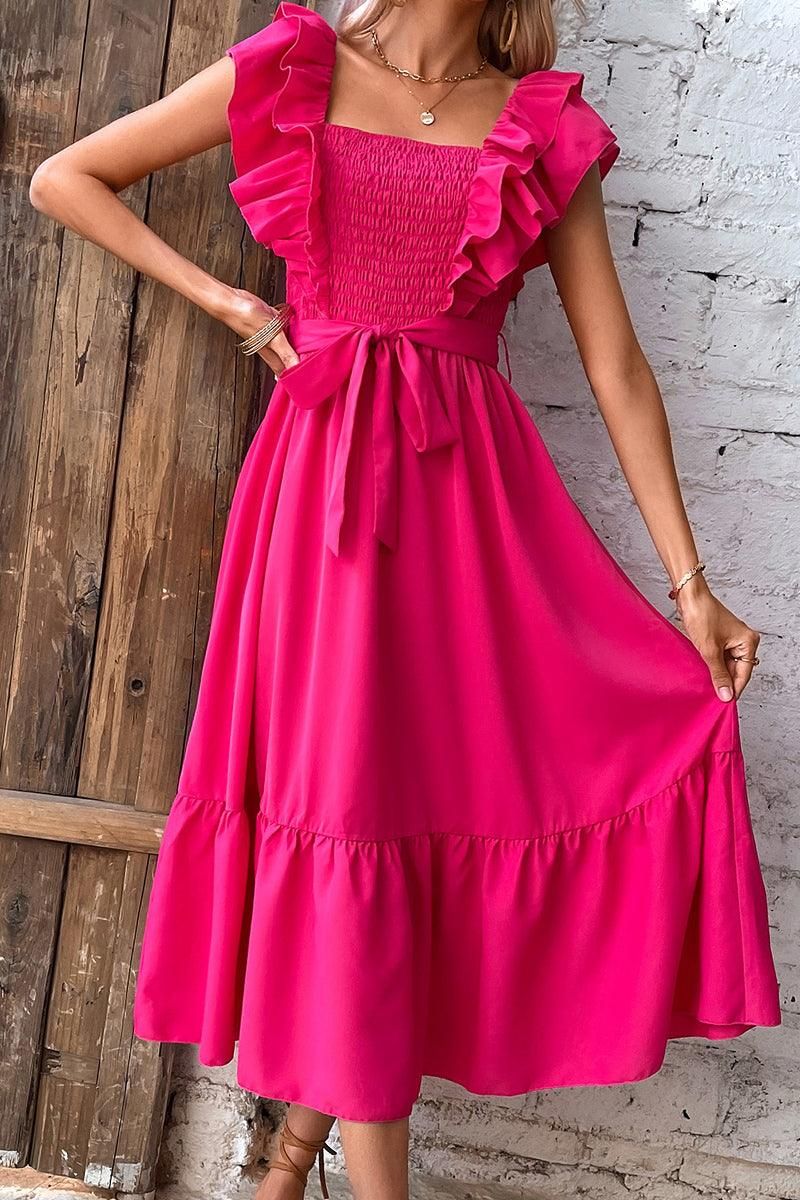 RUFFLE LAYER SHOULDER TIED WAIST SMOKED DRESS - Doublju