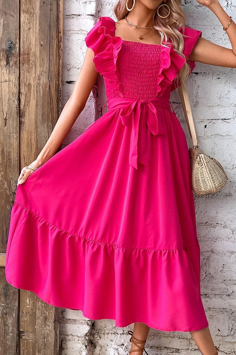 RUFFLE LAYER SHOULDER TIED WAIST SMOKED DRESS - Doublju