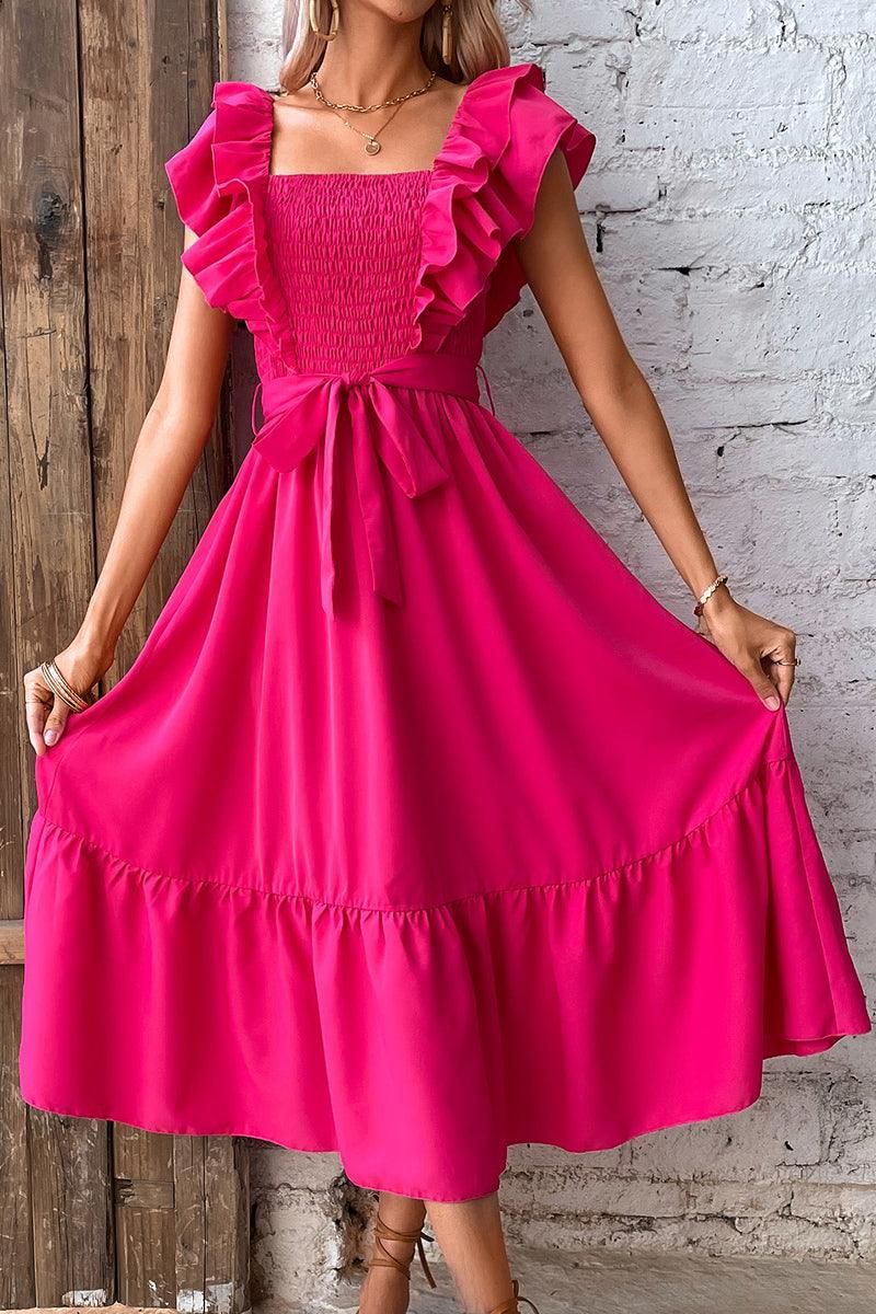 RUFFLE LAYER SHOULDER TIED WAIST SMOKED DRESS - Doublju
