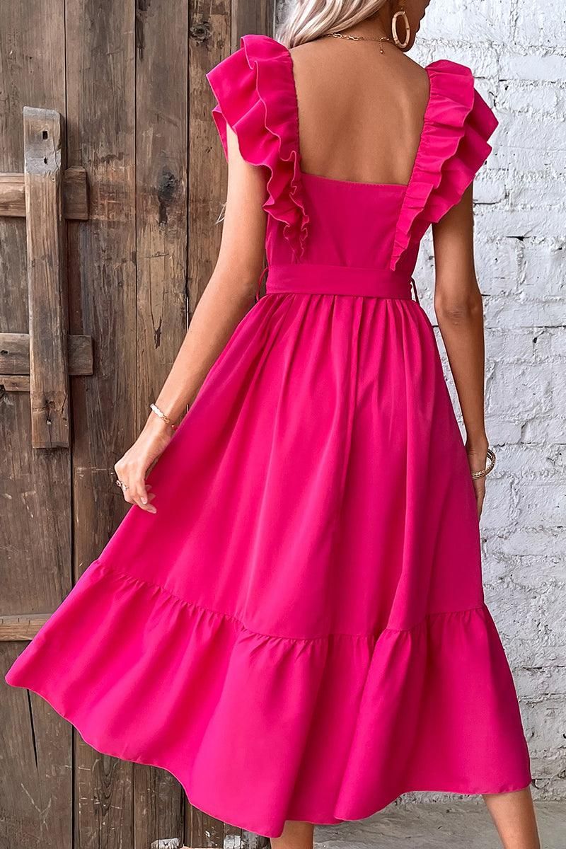 RUFFLE LAYER SHOULDER TIED WAIST SMOKED DRESS - Doublju