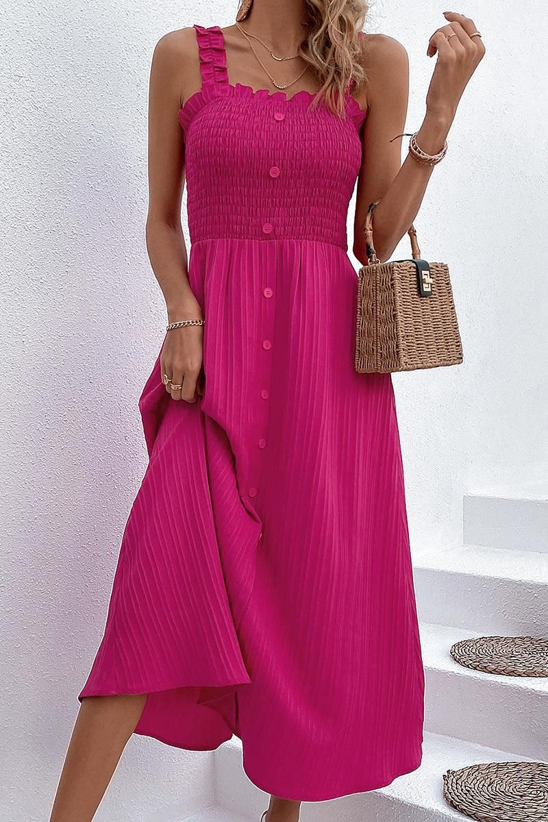 WAVE STRAP BUTTON POINT WRINKLED MAXI DRESS - Doublju