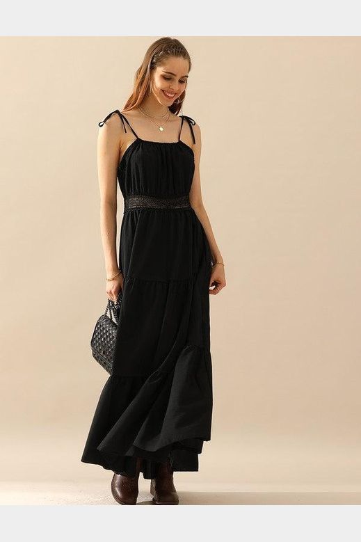 TIED STRING SPAGHETTI STRAP LACE WAIST MAXI DRESS - Doublju