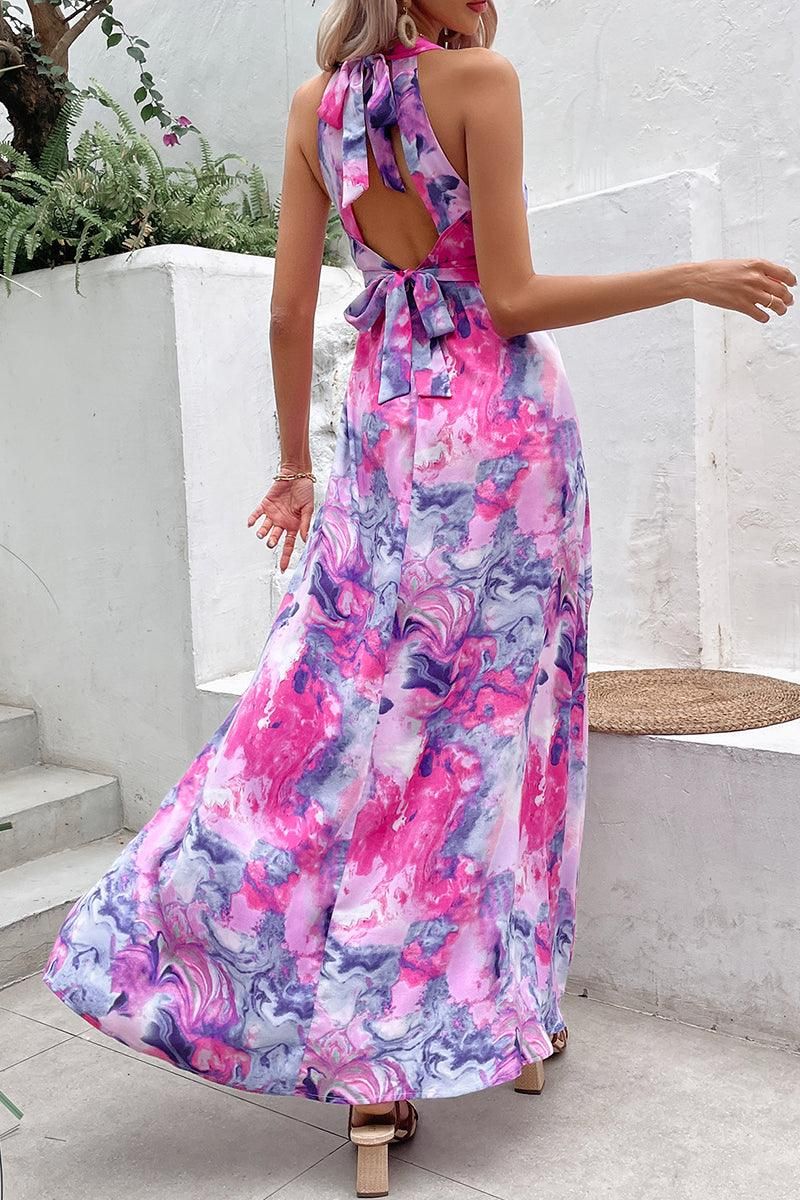 RING BELT HALTER NECK SLIT PRINTING DRESS - Doublju
