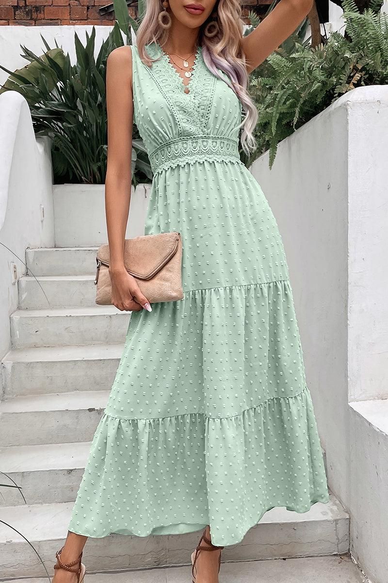 DOT DEEP BACK TIED V NECK LACE CAKE DRESS - Doublju