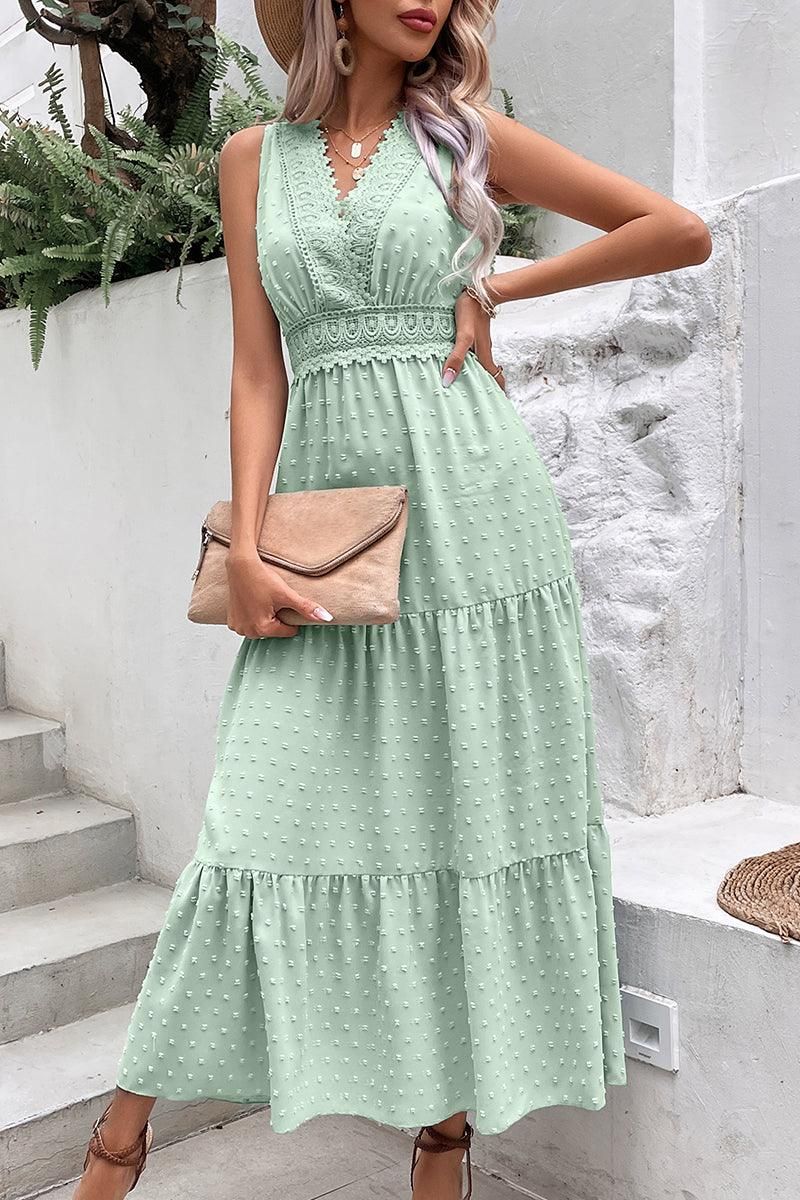 DOT DEEP BACK TIED V NECK LACE CAKE DRESS - Doublju