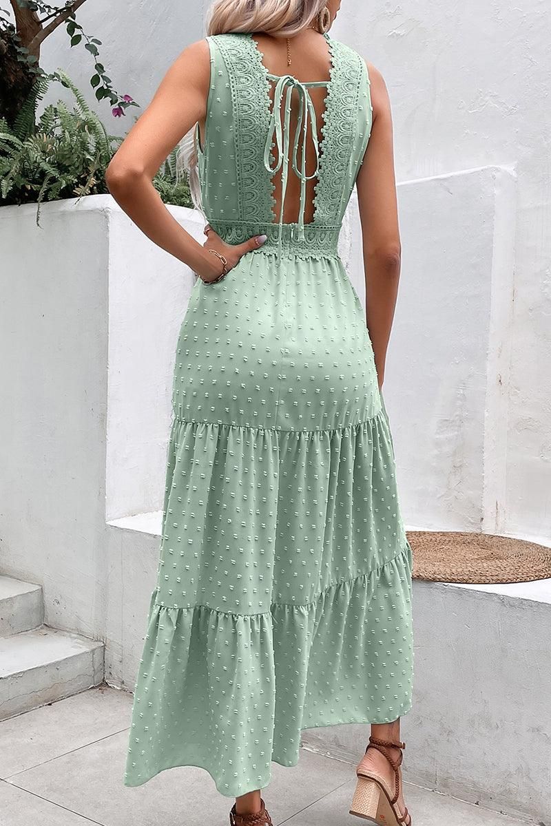 DOT DEEP BACK TIED V NECK LACE CAKE DRESS - Doublju