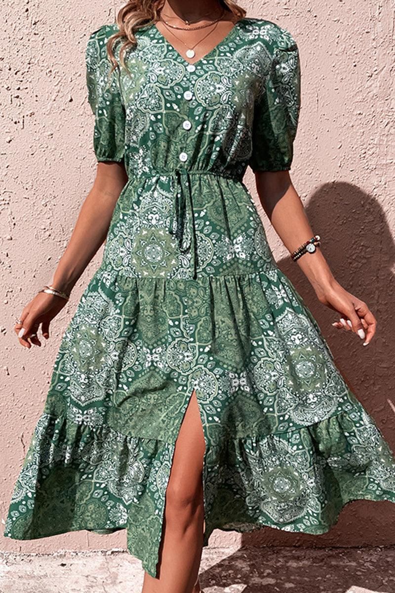 FRONT SLIT BUTTON POINT PUFF BOHEMIAN DRESS - Doublju