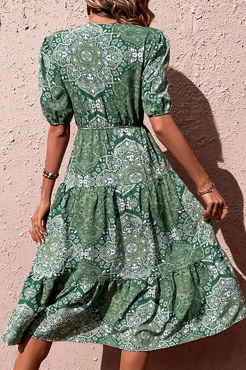 FRONT SLIT BUTTON POINT PUFF BOHEMIAN DRESS - Doublju