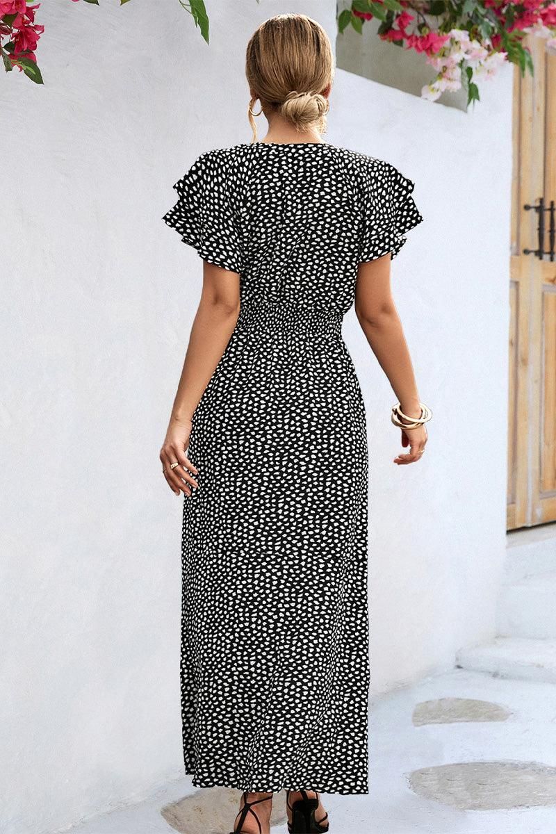 RUFFLED SHORT SLEEVE LEOPARD PATTERN LONG DRESS - Doublju