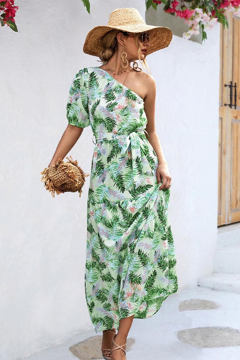 LEAVES PRINTING HALF OFF SHOULDER WOMEN LONG DRESS - Doublju