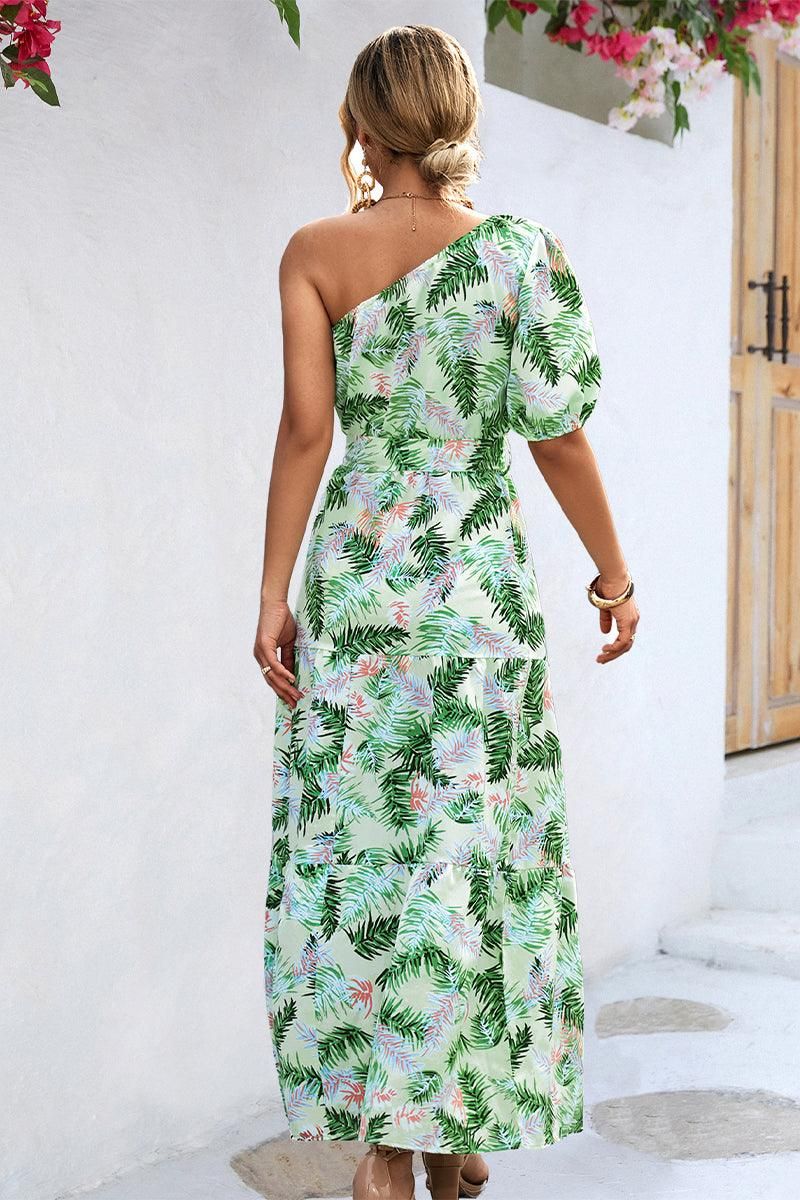 LEAVES PRINTING HALF OFF SHOULDER WOMEN LONG DRESS - Doublju
