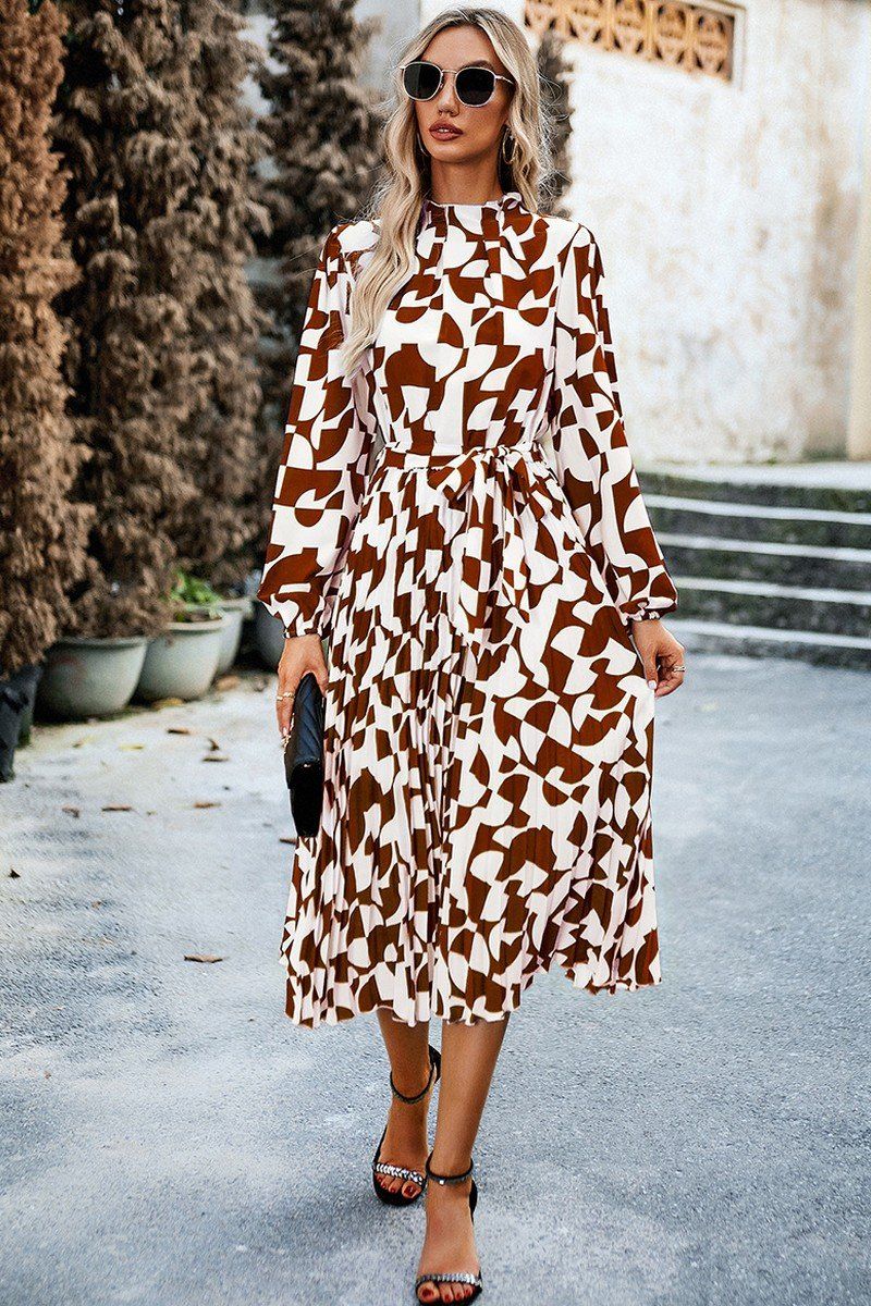 WOMEN RUFFLED HIGH NECK BELTED LONG DRESS