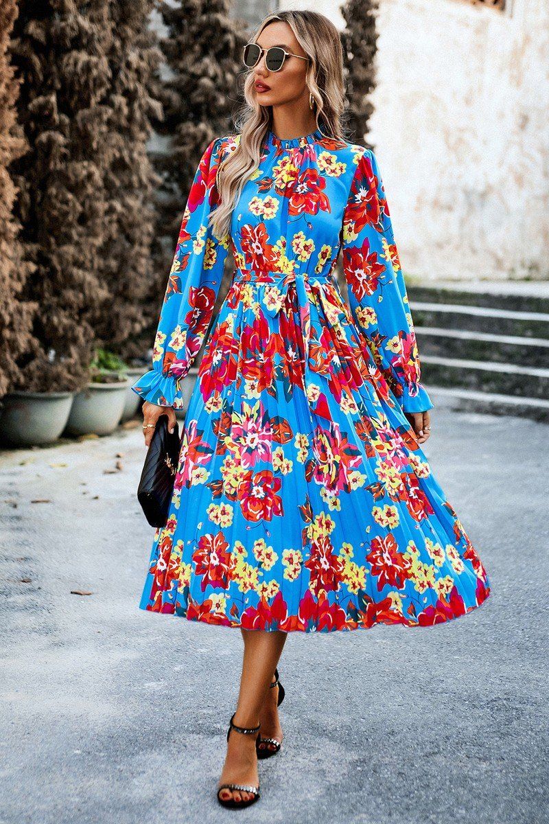 SHIRRED HIGH NECK LANTERN SLEEVE FLORAL DRESS