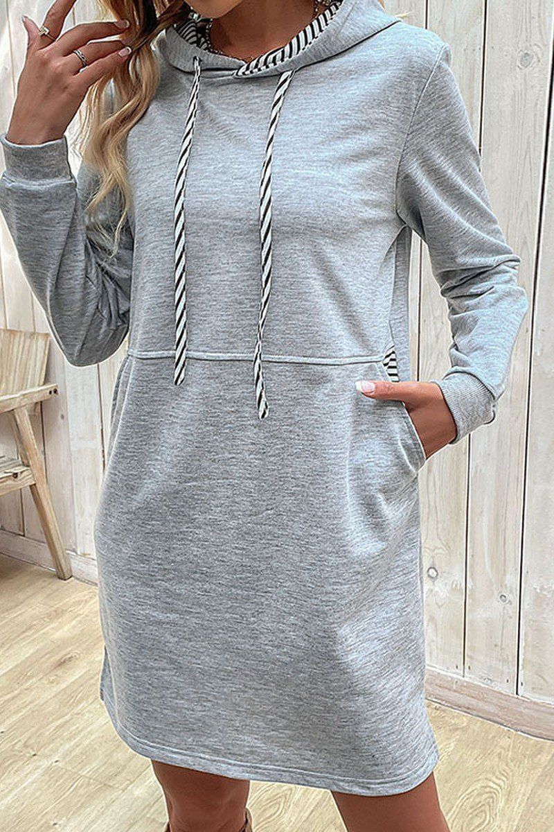 WOMEN DRAWSTRING HOODED SIDE POCKET MID DRESS