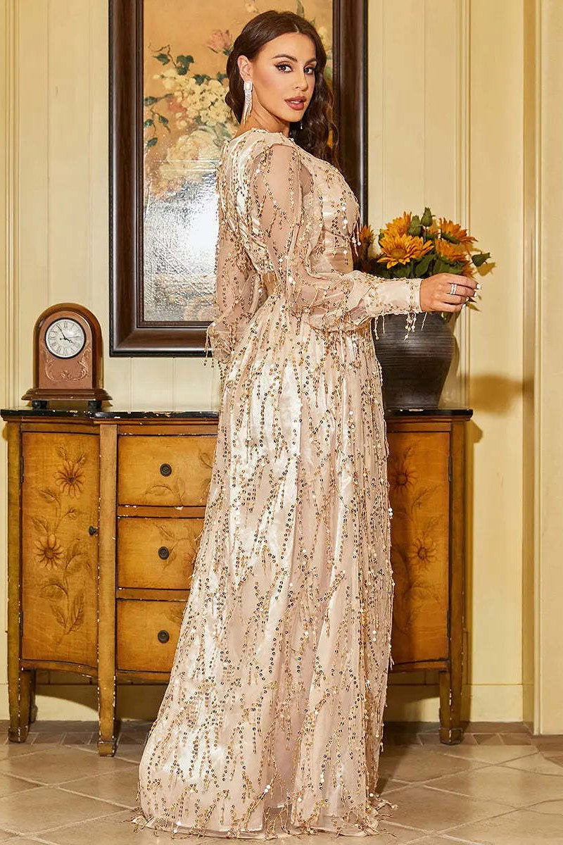 WOMEN LACE TRIM SIDE SLIT SEQUIN MAXI PARTY DRESS