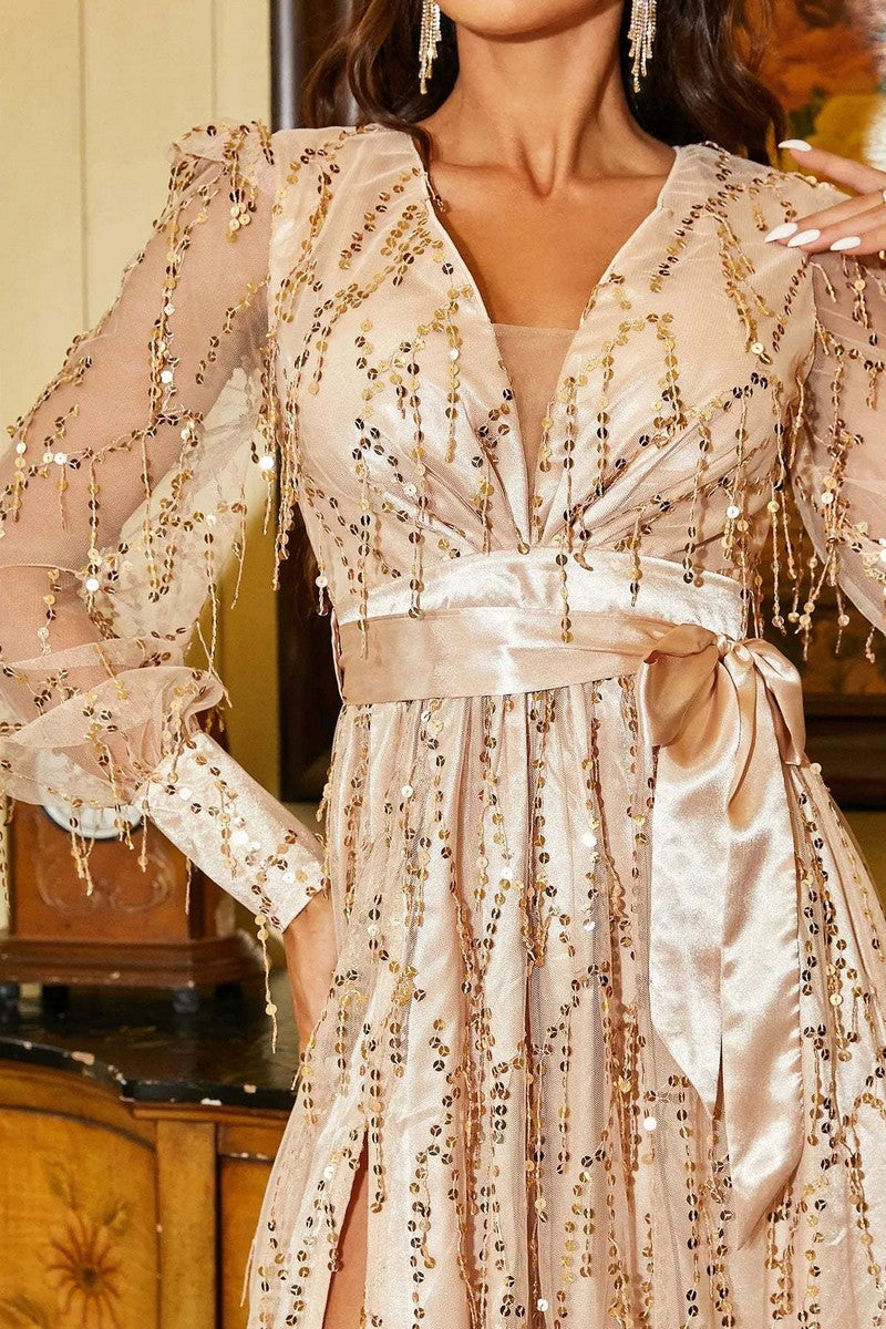 WOMEN LACE TRIM SIDE SLIT SEQUIN MAXI PARTY DRESS