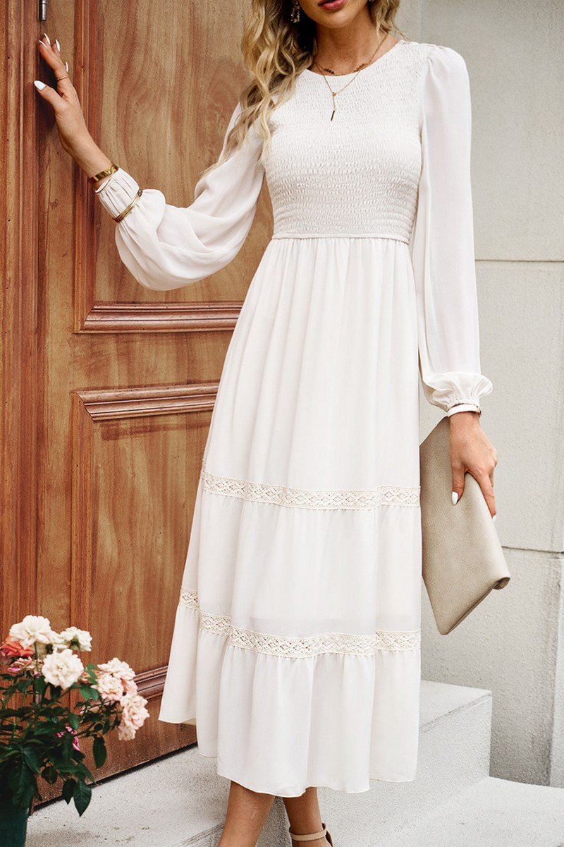 WOMEN LACE TRIM LONG SLEEVE ELEGANT MAXI DRESS