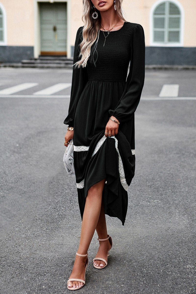 WOMEN LACE TRIM LONG SLEEVE ELEGANT MAXI DRESS