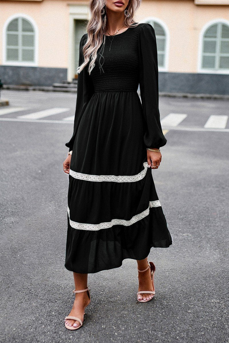 WOMEN LACE TRIM LONG SLEEVE ELEGANT MAXI DRESS