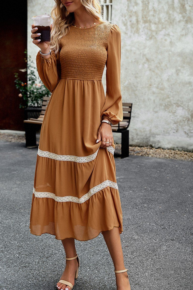 WOMEN LACE TRIM LONG SLEEVE ELEGANT MAXI DRESS
