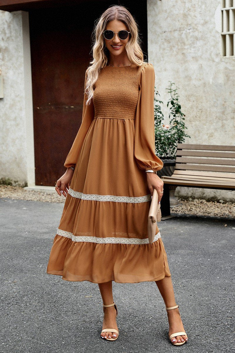 WOMEN LACE TRIM LONG SLEEVE ELEGANT MAXI DRESS