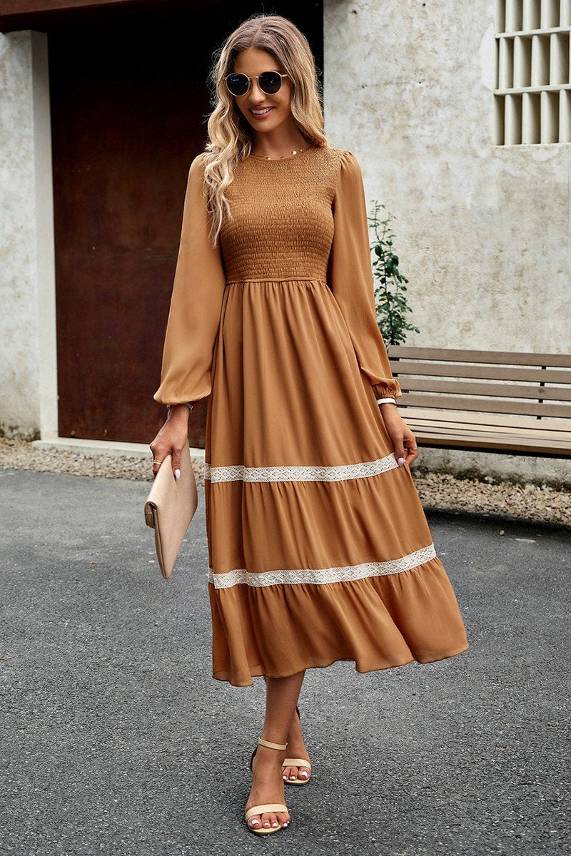 WOMEN LACE TRIM LONG SLEEVE ELEGANT MAXI DRESS